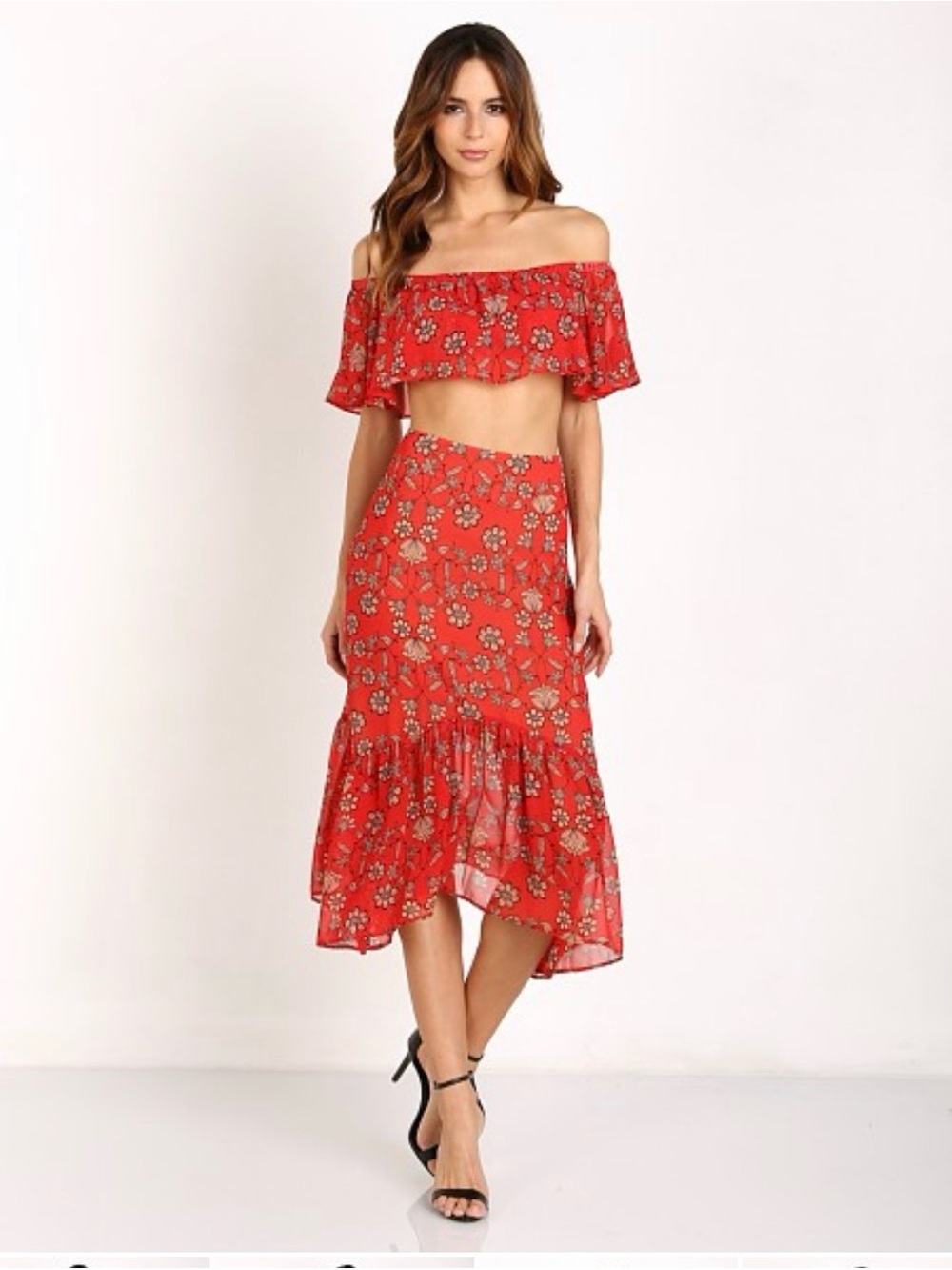 For Love And Lemons Red Floral High-Low Skirt Set